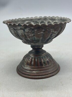 Vintage Middle Eastern Washed copper pedestal bowl 3" READ